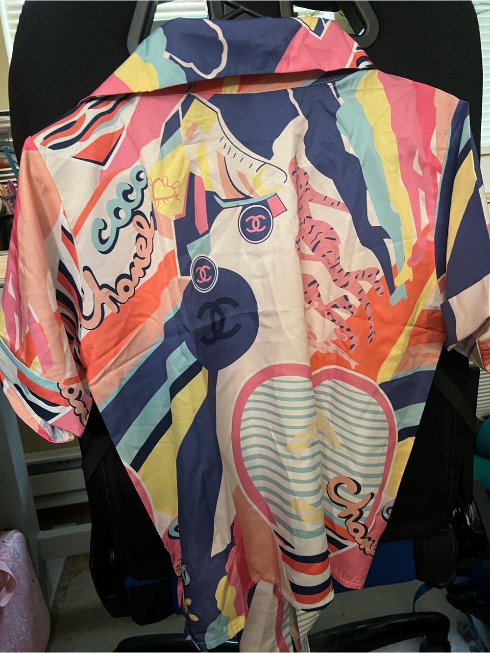 Colorful Abstract Print Button Front Shirt with Front Tie Sash